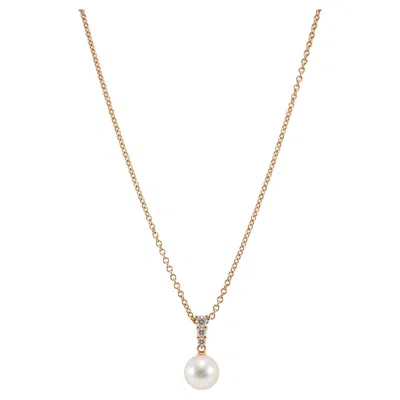 Pre-owned Mikimoto Morning Dew 18k Rose Gold 3 Diamonds 10mm Pearl Pendant Necklace In Red
