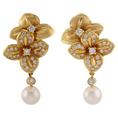 Pre-owned Mikimoto Pave Diamond Pearl Double Flower 18k Yellow Gold Earrings
