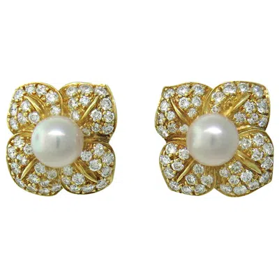 Pre-owned Mikimoto Pavé Diamond Pearl Floral Earrings In 18 Karat Yellow Gold