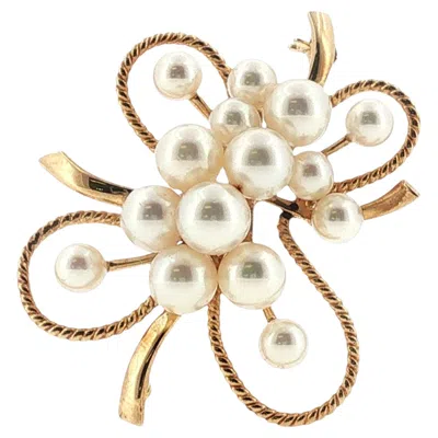 Pre-owned Mikimoto Pearl 14 Karat Yellow Gold Clover Vintage Brooch Pin