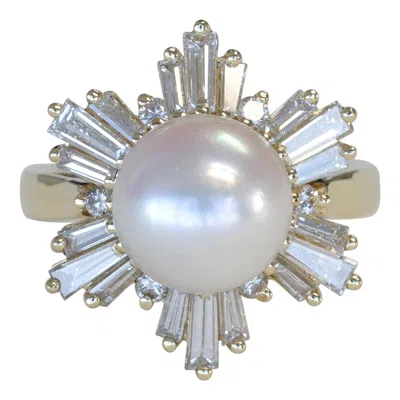 Pre-owned Mikimoto Pearl And Baguette Diamond Snowflake Ring In 18 Karat Yellow Gold