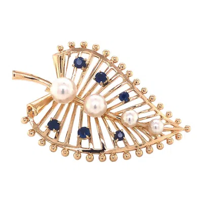 Pre-owned Mikimoto Pearl And Blue Sapphire Leaf Brooch In 14k Yellow Gold