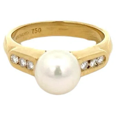 Pre-owned Mikimoto Pearl And Diamond Ring 18k Yellow Gold