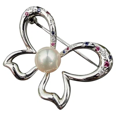 Pre-owned Mikimoto Pearl Brooch Pin Butterfly Ruby Sapphire Diamond 18k White Gold 7.3g