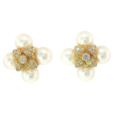 Pre-owned Mikimoto Pearl Diamond Earrings 18k Yellow Gold Studs Cultured Pearls