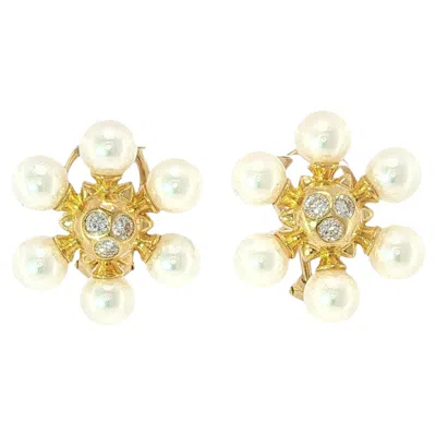 Pre-owned Mikimoto Pearl Diamond Earrings Starburst Cultured Pearls 18k Yellow Gold
