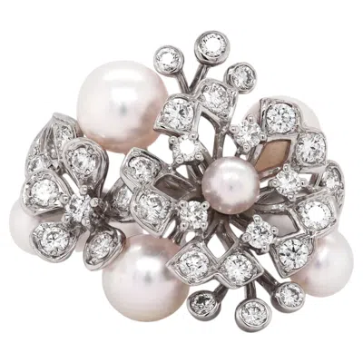 Pre-owned Mikimoto Pearl Diamond Floral Ring In 18k White Gold Japanese Designer Jewelry