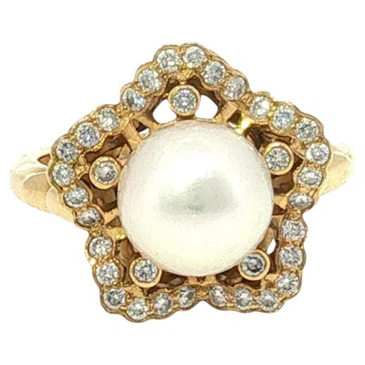 Pre-owned Mikimoto Pearl Diamond Ring 18k Yellow Gold Cultured Pearls Size 7