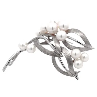 Pre-owned Mikimoto Pearl Leaf Branch Brooch 14k White Gold
