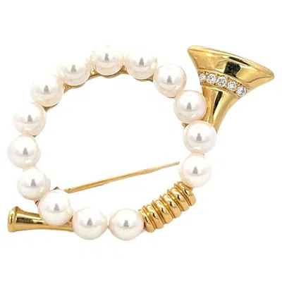 Pre-owned Mikimoto Pearls And Diamonds Horn Pin 18k Yellow Gold
