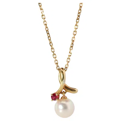 Pre-owned Mikimoto Pendant. 18k Yellow Gold  Pearl Ruby Necklace.