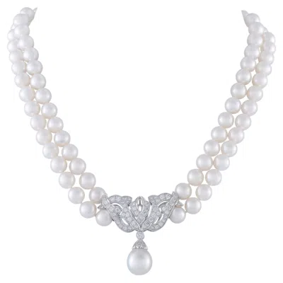 Pre-owned Mikimoto Platinum 2.25ct Diamond And Pearl Double Strand Necklace Mi54-022026 In Multi