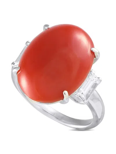 Pre-owned Mikimoto Platinum Diamond And Coral Ring In Silver