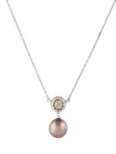 Pre-owned Mikimoto Platinum Pearl & Diamond Pendant Necklace, 16.5" In Multi