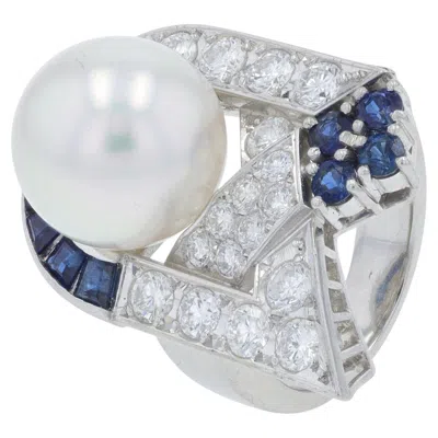 Pre-owned Mikimoto Pt900  .98 Ct Sapphire & Pearl Ring In Blue