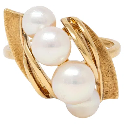 Pre-owned Mikimoto Retro Pearl 14 Karat Yellow Gold Vintage Modernist Ribbon Ring
