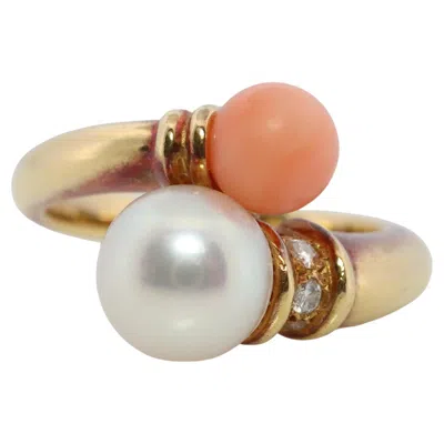 Pre-owned Mikimoto Ring. Vintage 18k Gold  Pearl Coral Double Post Bypass Ring In Red