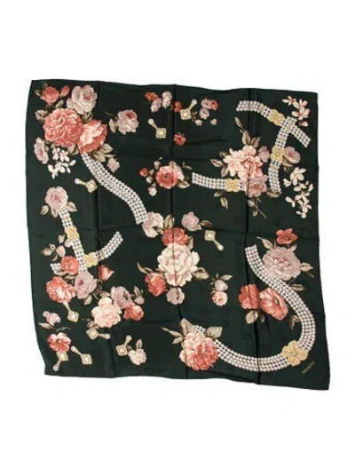 Pre-owned Mikimoto Silk Floral Print Scarf In Green