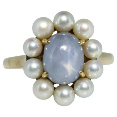 Pre-owned Mikimoto Star Sapphire Pearl Ring. 14k  Sapphire Pearl Halo. In Blue