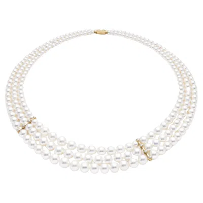 Pre-owned Mikimoto Triple Strand Akoya Pearl Diamond Necklace In 18k Gold In Multi