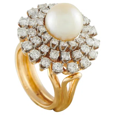 Pre-owned Mikimoto Vintage 18k Yellow Gold 1.95ct Diamond And Pearl Ring Mk37-050126