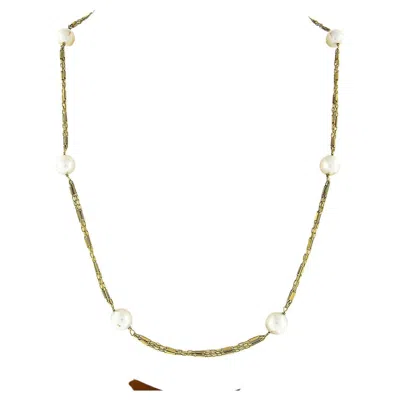 Pre-owned Mikimoto Vintage  14k Gold Pearl Station W/ Triple Strand Chain Necklace In Multi