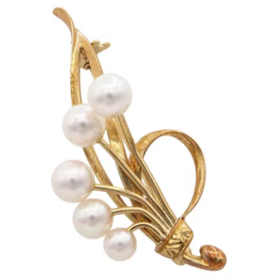 Pre-owned Mikimoto Vintage  14k Yellow Gold Cultured Pearl Freeform Brooch
