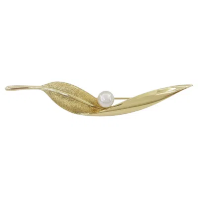 Pre-owned Mikimoto Vintage  18k Yellow Gold Akoya Pearl Leaf Brooch, 3.13 Inches