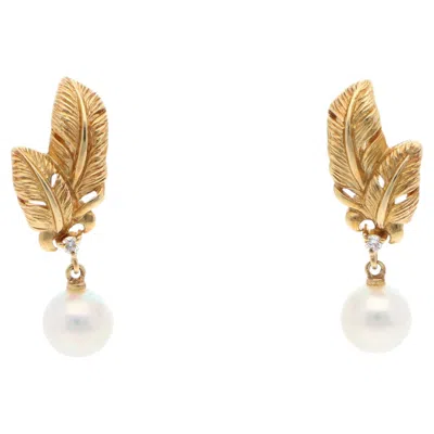 Pre-owned Mikimoto Vintage  Akoya Pearl And Diamond Feather Earrings In Yellow Gold