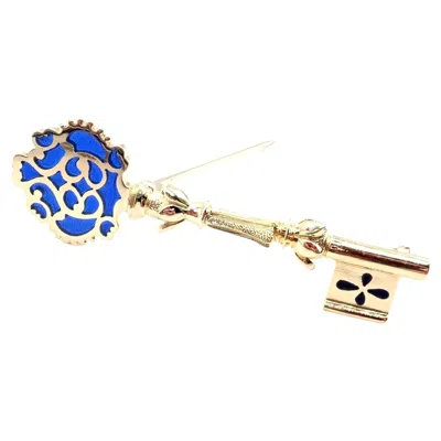Pre-owned Mikimoto Vintage  Blue Enamel Yellow Gold Key Brooch Pin