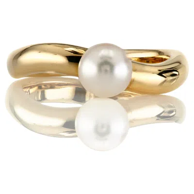 Pre-owned Mikimoto Vintage 18k Yellow Gold Wave Ring With 6.2 Mm Round Pearl