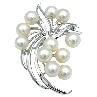 Pre-owned Mikimoto White Akoya Cultured Pearl Spray Brooch Set In 14 Karat White Gold