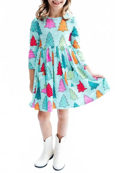 Mila & Rose Kids' Long Sleeve Pocket Twirl Dress In Oh Christmas Tree In Blue