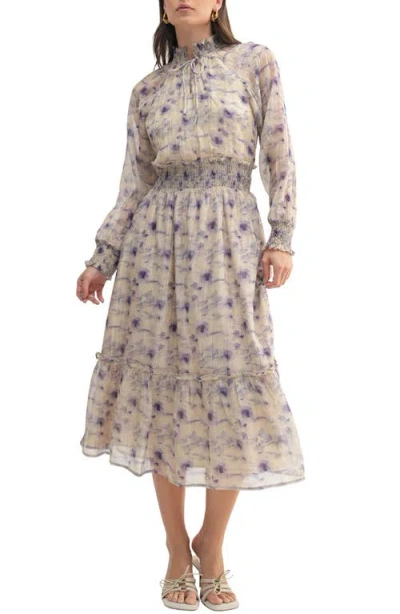 Mila Mae Abstract Print Long Sleeve Midi Dress In Cream Lavender