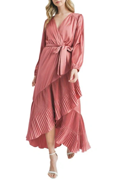 Mila Mae Asymmetric Pleated Belted Long Sleeve Dress In Mauve