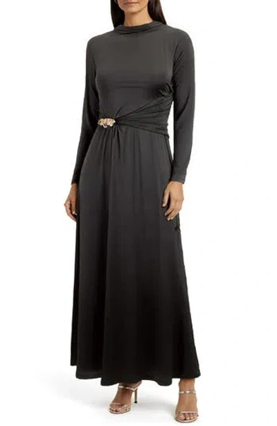 Mila Mae Belt Detail Long Sleeve Slinky Maxi Dress In Multi