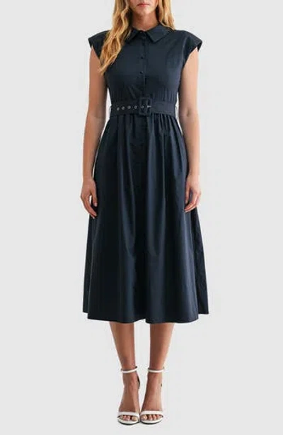 Mila Mae Belted A-line Midi Shirtdress In Blue