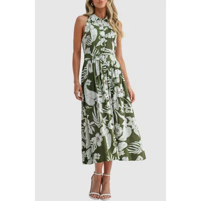 Mila Mae Belted Sleeveless Cotton Midi Dress In Green