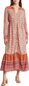 Mila Mae Border Print Long Sleeve Dress In Rust Multi In Orange