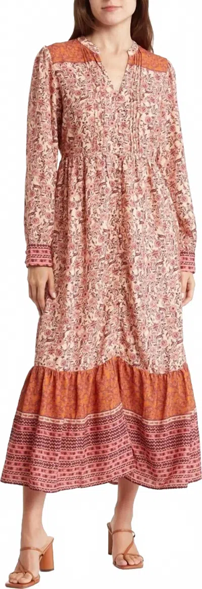 Mila Mae Border Print Long Sleeve Dress In Rust Multi In Orange