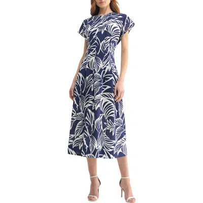 Mila Mae Cap Sleeve Fit And Flare Midi Dress In Navy White