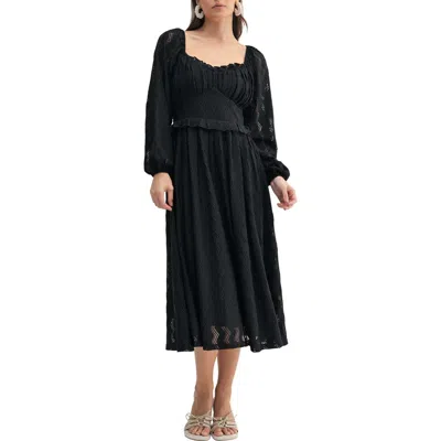 Mila Mae Chevron Stitch Long Sleeve Midi Dress In Black