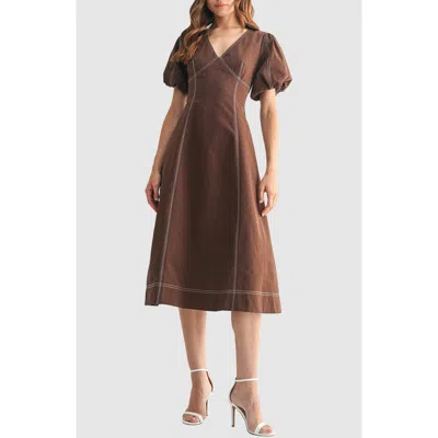 Mila Mae Contrast Stitch Puff Sleeve A-line Midi Dress In Brown