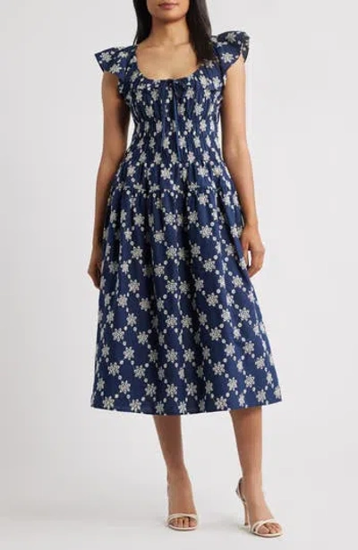 Mila Mae Embroidered Flutter Sleeve Cotton Sundress In Blue