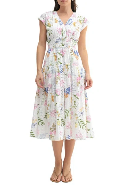 Mila Mae Eyelet A-line Midi Dress In White Multi Floral
