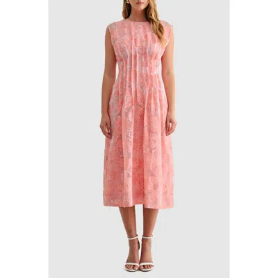 Mila Mae Floral Cap Sleeve Cinched Waist Fit & Flare Midi Dress In Pink