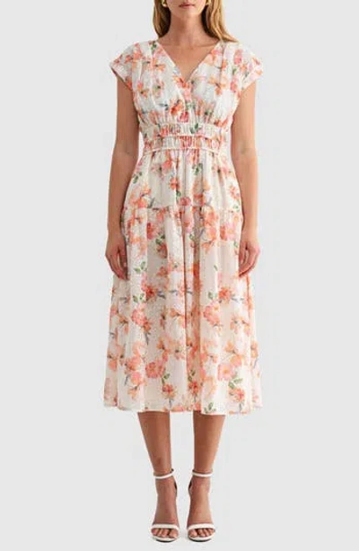 Mila Mae Floral Cap Sleeve Eyelet Cotton A-line Midi Dress In Multi