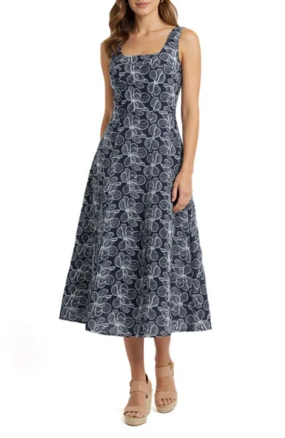 Mila Mae Floral Embroidered Denim Fit & Flare Dress In Blue