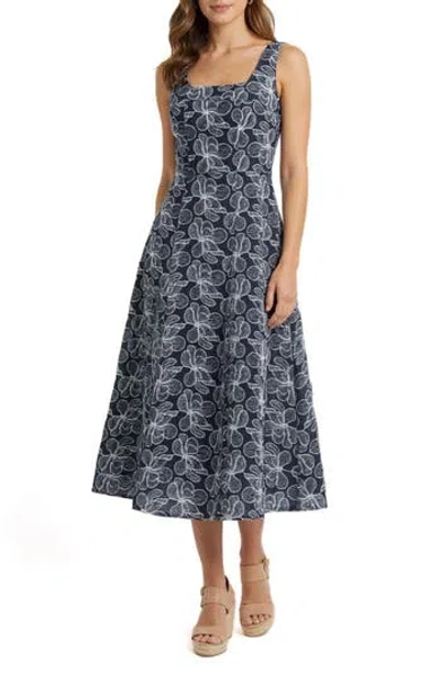 Mila Mae Floral Embroidered Denim Fit & Flare Dress In Dark Denim