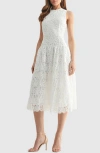 Mila Mae Floral Embroidered Sleeveless Midi Dress In White